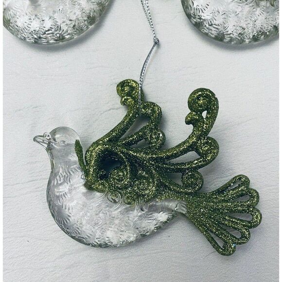 Clear Acrylic Green Glitter Tail Wings Doves Ornaments Sun Catchers Set of 3 - Picture 3 of 7